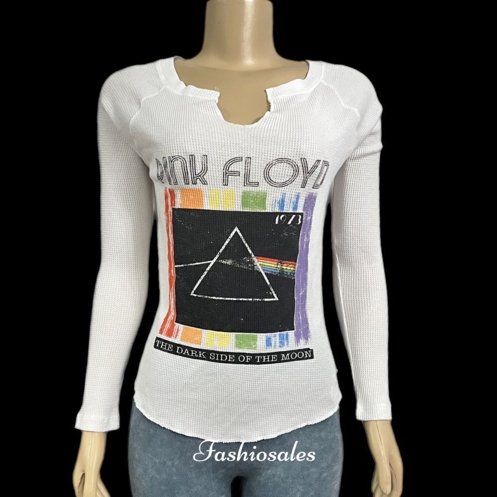 Victorias Secret Pink Knit Riot PINK FLOYD Split Neck Thermal Top White Xs